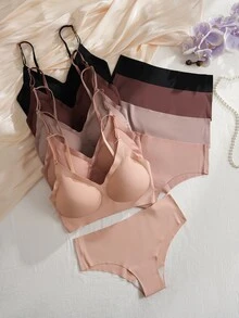 SHEIN 10件組秋季舒適無痕可拆式棉杯內衣套組，婚禮賓客、電音派對適用，棕色、灰玫瑰色、黑色，可愛日系風 - 彩色 - 查看 5