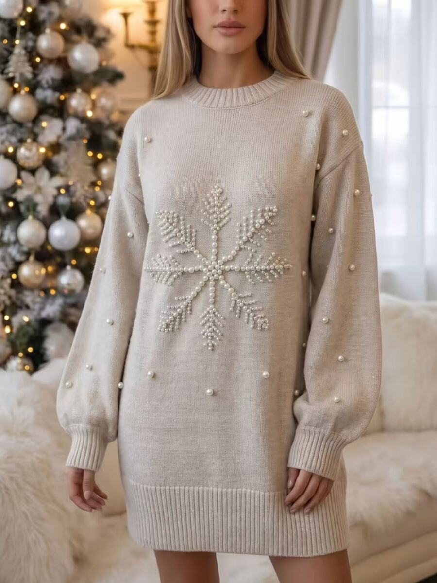 SHEIN Cream White Christmas Knitted Sweater, Handmade Pearl Snowflake Decoration Round Neck Long Sleeve Pullover - Apricot - View 1