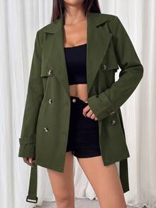 SHEIN EZwear 秋冬雙排扣收腰中長款風衣 - 軍綠色 - 查看 3