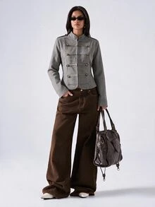 LYSMO 女款條紋雙排扣休閒百搭長袖夾克 - 彩色 - 查看 6