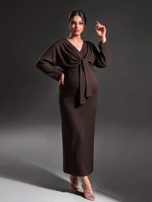 Cheriluna Maternity Maternity Brown Lace-Up Dress For Autumn/Winter - Coffee - View 8