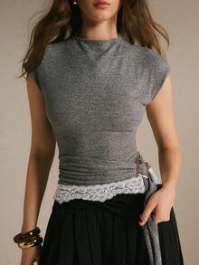 Poéselle Women's Lace Patchwork Casual Daily Short Sleeve Top - Grey - View 4