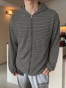 DAZY Spring/Autumn Black & Grey Striped Double Zipper Front Hooded Sweatshirt, Korean Style For Men - Multicolor - View 7