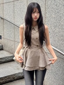 FRIFUL Women's Houndstooth Double-Breasted Lapel Sleeveless Blouse - Khaki - View 4