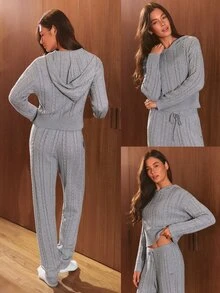 GLOWMODE Soft Girl Collection Off-Duty Cable Knit Hoodie Sweater With Relaxed Fit Daily Casual Fall Winter Wear - Grey - View 8