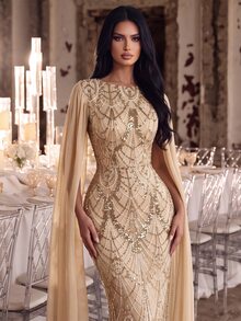 Elovaire Sequin Embellished Long Evening Gown, Elegant Formal Romantic Mermaid Silhouette Fall Wedding Prom Graduation Party Christmas Beige - Champagne - View 6