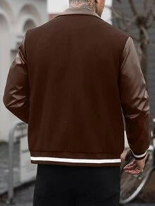 Manfinity CasualCool 男士純色拼接前扣長袖字母印花休閒棒球夾克，隊服夾克 - 棕色 - 查看 2