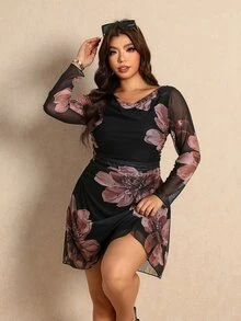 Elaquor 大尺碼女款花卉印花休閒派對洋裝，優雅花卉洋裝，秋冬休閒優雅日常外出洋裝 - 彩色 - 查看 4