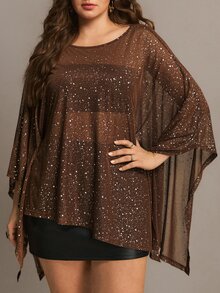 Freevana Women's Plus-Size Sheer Shimmering Top, Loose Brown Long-Sleeve Blouse, Elegant Flowy Outfit For Parties And Nights Out, Fall/Winter Fashion, Boho - Coffee Brown - View 3