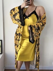 SHEIN 成熟優雅緞面細肩帶洋裝花卉圖案網紗睡袍大尺碼睡衣2件套 - 黃色 - 查看 6
