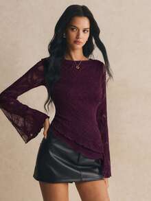 Poéselle Women's Floral Print Slim Fit Versatile Daily Wear Bell Sleeve T-Shirt - Red Violet - View 4