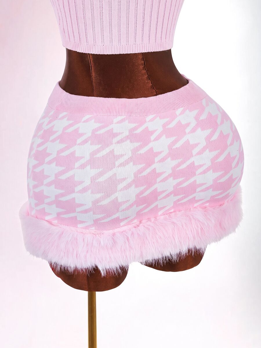 Amplova Women's Houndstooth Plush Patchwork Casual Versatile Knitted Mini Skirt - Pink - View 1