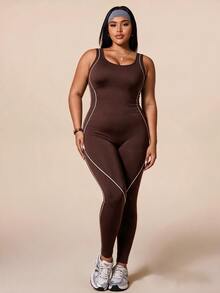 SHEIN Rhythm Era بدلة رياضية نسائية محبوكة بدون درزات مقاس كبير للجيم باللون البني للخريف بتصميم منحنيات بديلة - بني - مشاهدة 3