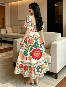 Modelyn Bohemian Colorful Hand-Painted Floral Print Women's Dress, Fashionable Square Neck Flutter Sleeve Ruffle Cap Sleeve High Waist Patchwork A-Line Umbrella Long Dress, Suitable For Daily Casual Street Wear, Autumn/Summer - Multicolor - View 2