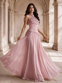 Coutiva Women's Glamorous Sequin Pleated Cinched Waist Halter Neck Formal Evening Gown - Pink - View 3