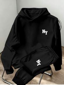 Claim Dot Men's Casual NY New York Small Logo Hoodie Sweatshirt Set - Black - View 3