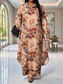 SHEIN Lady Plus Size Women's Floral Print Long Sleeve Top And Pants Casual Daily 2 Pieces Set Fall - Multicolor - View 5