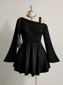 SHEIN ICON 大尺碼辣妹金屬扣褶皺長袖洋裝 - 黑色 - 查看 1