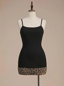 ROMWE Millennium Y2K Leopard Print Faux Fur Collar Cropped Knit Cardigan & Slim Fit Waist-Cinching Dress Plus Size 2 Pieces Set For Party And Birthday - Black - View 4
