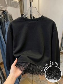 SHEIN Elladie kids Girls' Round Neck Knitted Solid Color Long Sleeve Sweatshirt, Lace Trim Hem, Autumn/Winter Fashion Top - Black - View 2