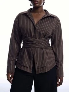 LYSMO Plus Size Women's Autumn/Winter Striped Button Long Sleeve Shirt - Multicolor - View 3