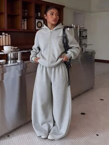 SHEIN 12-16歲青少年女孩灰色白色蝴蝶結印花抓絨運動套裝，羅紋背心、拉鍊連帽外套、寬腿運動長褲，秋冬休閒街頭風禮物 - 淺灰色 - 查看 4