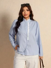 Elaquor Plus Size Women's Striped Casual Daily Wear Shirt - Blue and White - View 5