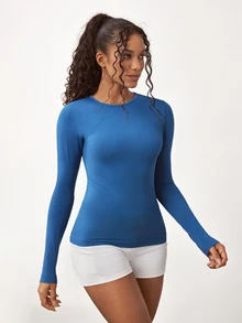 SHEIN Core Rhythm Women's Solid Color Casual Daily Travel Sports T-Shirt - Blue - View 3