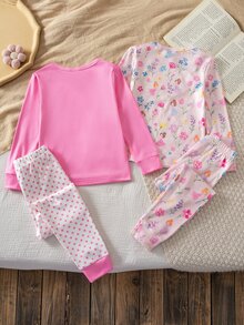 SHEIN 秋冬款女童幼兒針織圓領薄款可愛夢幻仙氣卡通圖案玫瑰紅小圓點拼接褲仙靈俏皮數位印花 4 件套長袖長褲修身舒適柔軟面料女童睡衣家居服 - 粉色 - 查看 2