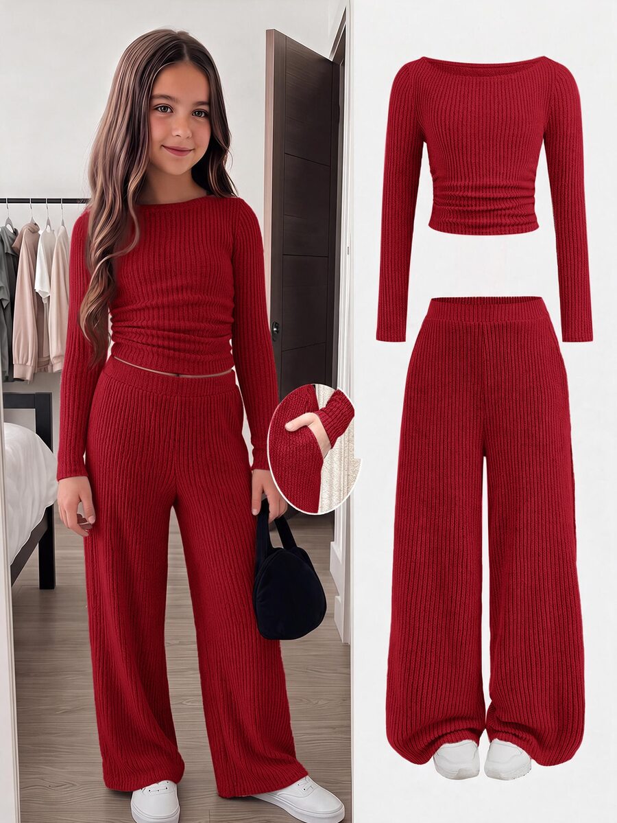 SHEIN Serisse Kids 兒童青少年女孩粉色秋季休閒羅紋套裝，兩款露肩口袋T恤上衣搭配直筒長褲，百搭返校兩件套 - 紅色 - 查看 1