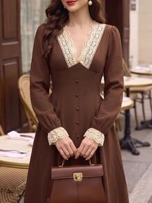 Vintamour Women's Lace Patchwork V-Neck Casual Party Dress - Coffee Brown - View 1