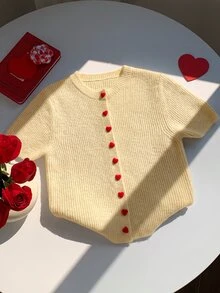 Comfortcana 女款時尚高品質植絨愛心鈕扣圓領彩色針織開襟衫，春秋新款短袖柔軟針織外套，休閒百搭 - 淡黃色 - 查看 7