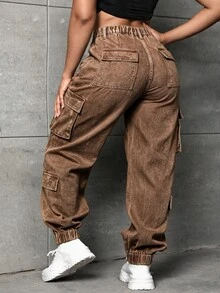 Slaydiva Celana Jeans Denim Kasual Wanita Ukuran Besar dengan Kantong Kargo dan Lipatan di Bagian Bawah - Mocha Brown - View 2