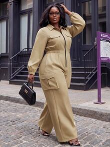 Slaydiva Plus Size Functional Style Cargo Jumpsuit, Long Sleeve Front Zipper Multi-Pocket Loose Streetwear One-Piece - Khaki - Khaki - View 11