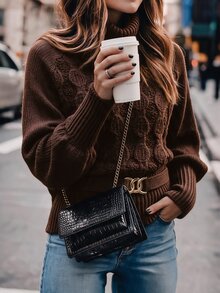 Louniche كنزة نسائية عتيقة ناعمة رقيقة فاخرة بتصميم مجعد عند الرقبة وحياكة كابل مع ضيق الخصر - قهوة بني - مشاهدة 5