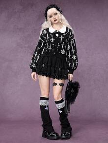 ROMWE Dark Gothic Punk Pattern Short Knit Cardigan For Women - Black - View 6