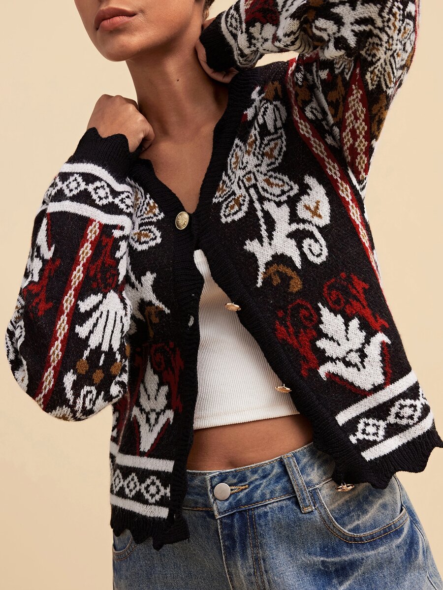 Travachic 2026 Autumn/Winter Totem Long Sleeve Single-Breasted Casual Knit Cardigan - Multicolor - View 1