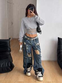 Coolane 女款街頭風 Rave 80年代 90年代 性感 Y2K 時尚復古 外出夜生活派對度假對比蕾絲收腰灰色長袖衛衣 - 灰色 - 查看 2