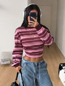 Coolane 女款秋季四季通用外出休閒可愛復古日常穿著返校條紋拼色粉色修身長袖收腰上衣 - 粉色 - 查看 5