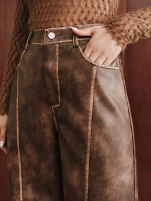 Anewsta Fashionable Modern Autumn Outfit For Women Brown Washed Distressed Casual Commute Cargo Pants With Pockets Long Pants - Brown - View 1