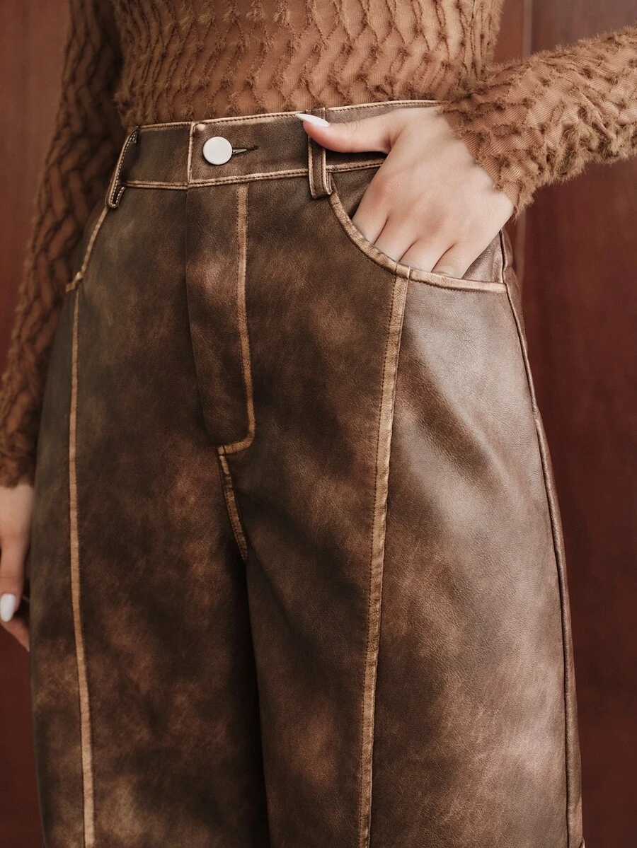 Anewsta Fashionable Modern Autumn Outfit For Women Brown Washed Distressed Casual Commute Cargo Pants With Pockets Long Pants - Brown - View 1