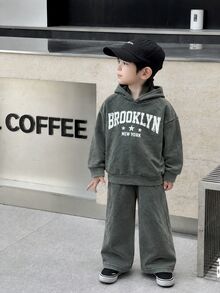 SHEIN 2件組小男孩休閒街頭風運動衫與運動長褲套裝，適合返校、生日、假日派對、上學日，秋冬穿著 - 灰色 - 查看 4