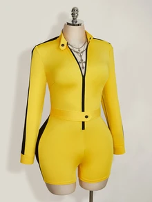 SHEIN ICON Plus Size Women's Zipper Front Long Sleeve Y2K Yellow & Black Contrast Color Romper, Halloween - Yellow - View 10