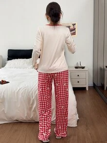 Napfluff Cute Dachshund Print Long Sleeve Pajamas For Women, Red Plaid Contrast Lace Trim Loungewear Set - Multicolor - View 3