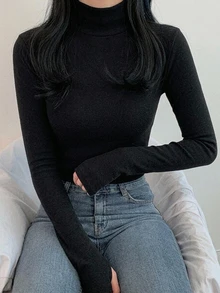 DAZY 女款秋冬高領修身內搭T恤 - 黑色 - 查看 1