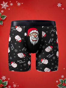 Notgurli Christmas Cartoon Santa & Snowflake Graphic Men Boxer Briefs, Merry Christmas Letter Print Breathable Comfy Men's Holiday Underpants - Multicolor - View 1