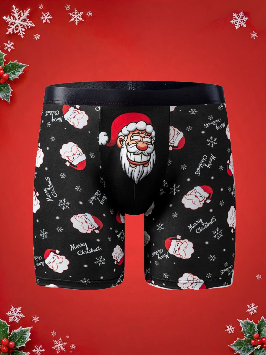 Notgurli Christmas Cartoon Santa & Snowflake Graphic Men Boxer Briefs, Merry Christmas Letter Print Breathable Comfy Men's Holiday Underpants - Multicolor - View 1