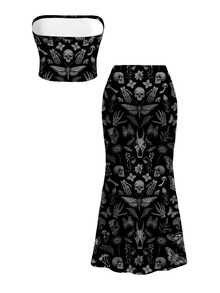 ROMWE Goth Women's 2pcs Casual Floral Print Tube Top & Short Bodycon Skirt Set, Summer - Black - View 2