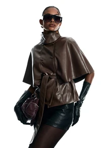 LYSMO Women's Solid Color PU Leather Fashion Versatile Daily Casual Jacket - Brown - View 9