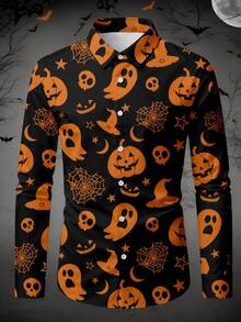 Manfinity Homme Men's Long Sleeve Skull & Pumpkin Print Button-Up Shirt - Multicolor - View 1